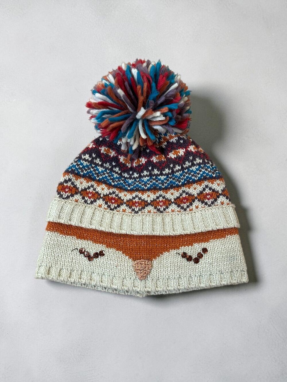 Fox Fair Isle Pom Pom Beanie Hat Kid’s Size 6-8, Orange Multi